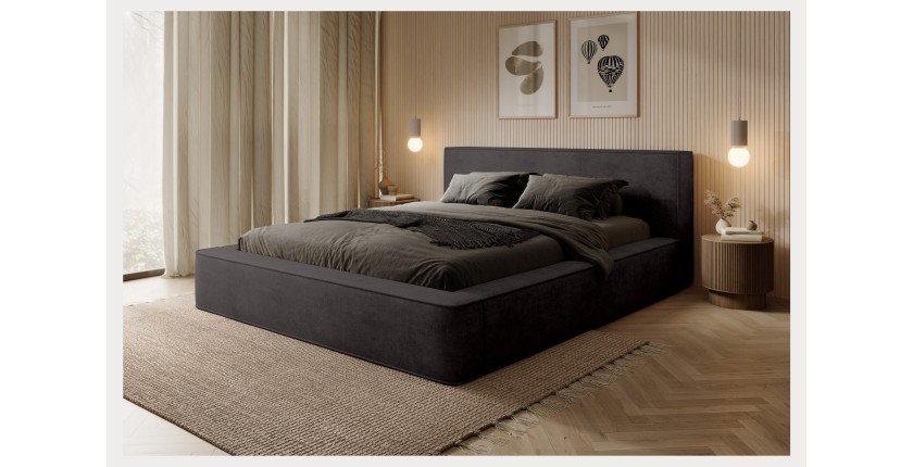 Bed met opbergruimte DENALI – Antracietgrijs – 140x200 cm – Zacht fluwelen stof – Opklapbare lattenbodem – Geïntegreerde opbergr