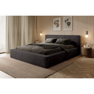 Bed met opbergruimte DENALI – Antracietgrijs – 140x200 cm – Zacht fluwelen stof – Opklapbare lattenbodem – Geïntegreerde opbergr