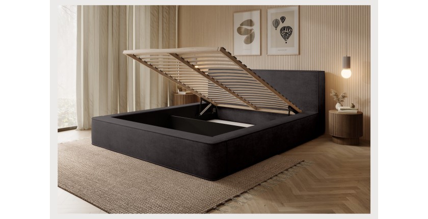 Bed met opbergruimte DENALI – Antracietgrijs – 140x200 cm – Zacht fluwelen stof – Opklapbare lattenbodem – Geïntegreerde opbergr