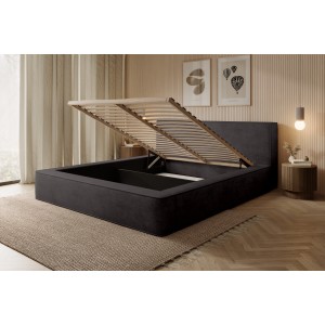 Bed met opbergruimte DENALI – Antracietgrijs – 140x200 cm – Zacht fluwelen stof – Opklapbare lattenbodem – Geïntegreerde opbergr