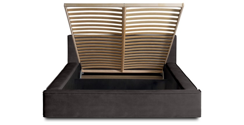 Bed met opbergruimte DENALI – Antracietgrijs – 140x200 cm – Zacht fluwelen stof – Opklapbare lattenbodem – Geïntegreerde opbergr