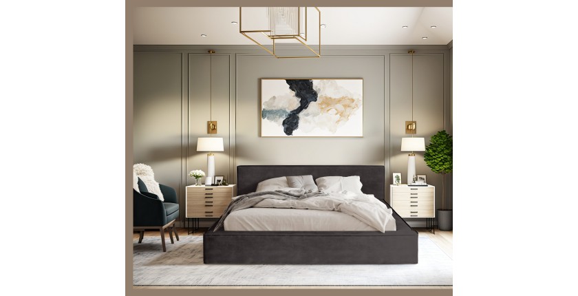 Bed met opbergruimte DENALI – Antracietgrijs – 140x200 cm – Zacht fluwelen stof – Opklapbare lattenbodem – Geïntegreerde opbergr