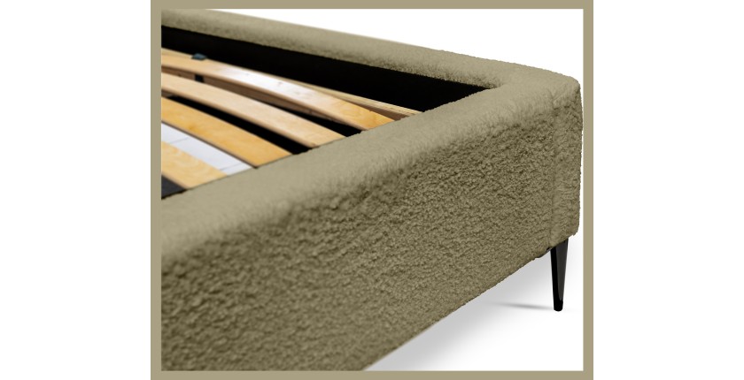 Lit MILLIO – Olive – 140x200 cm – Tissu chenille bouclé – Sommier inclus – Confort hôtel 5 étoiles