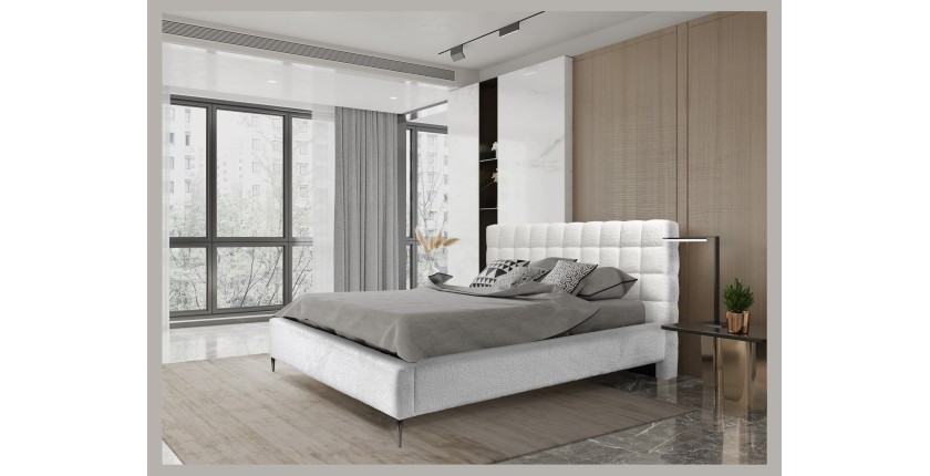 Bed MILLIO - Ivoor - 140x200 cm - Gebobbeld chenille stof - Inclusief lattenbodem - 5-sterren hotelcomfort