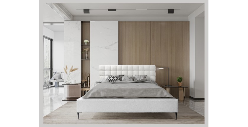 Bed MILLIO - Ivoor - 140x200 cm - Gebobbeld chenille stof - Inclusief lattenbodem - 5-sterren hotelcomfort