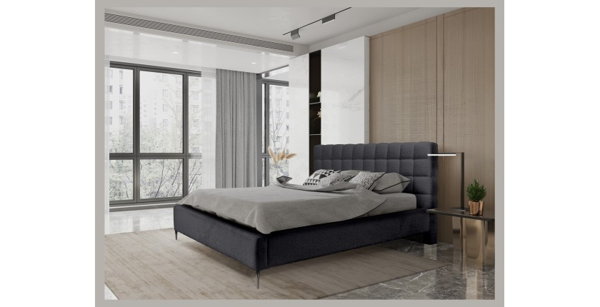 Lit MILLIO – Noir – 180x200 cm – Tissu chenille bouclé – Sommier inclus – Confort hôtel 5 étoiles