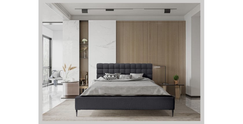 Lit MILLIO – Noir – 180x200 cm – Tissu chenille bouclé – Sommier inclus – Confort hôtel 5 étoiles