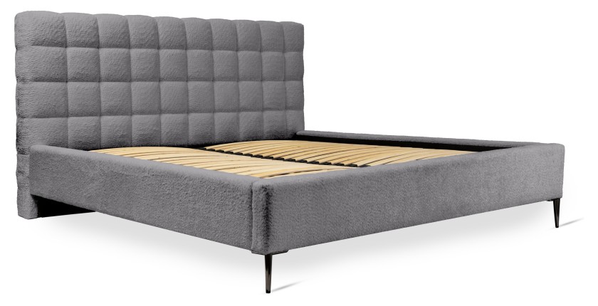 Lit MILLIO – Gris anthracite – 180x200 cm – Tissu chenille bouclé – Sommier inclus – Confort hôtel 5 étoiles