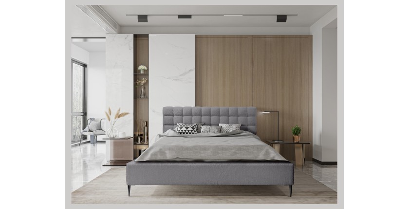 Lit MILLIO – Gris anthracite – 160x200 cm – Tissu chenille bouclé – Sommier inclus – Confort hôtel 5 étoiles