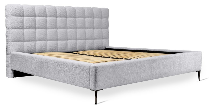Lit MILLIO – Blanc – 180x200 cm – Tissu chenille bouclé – Sommier inclus – Confort hôtel 5 étoiles