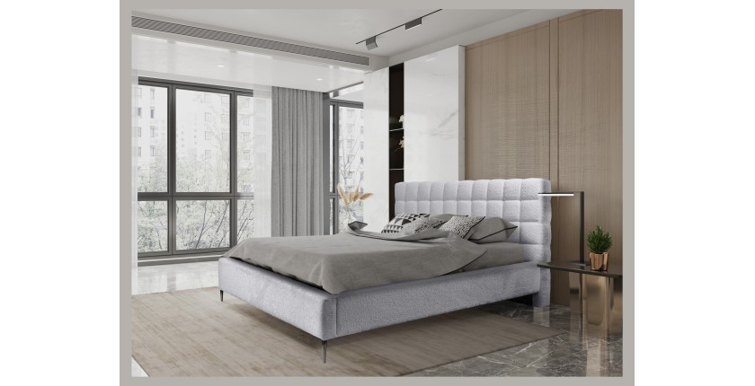 Lit MILLIO – Blanc – 180x200 cm – Tissu chenille bouclé – Sommier inclus – Confort hôtel 5 étoiles