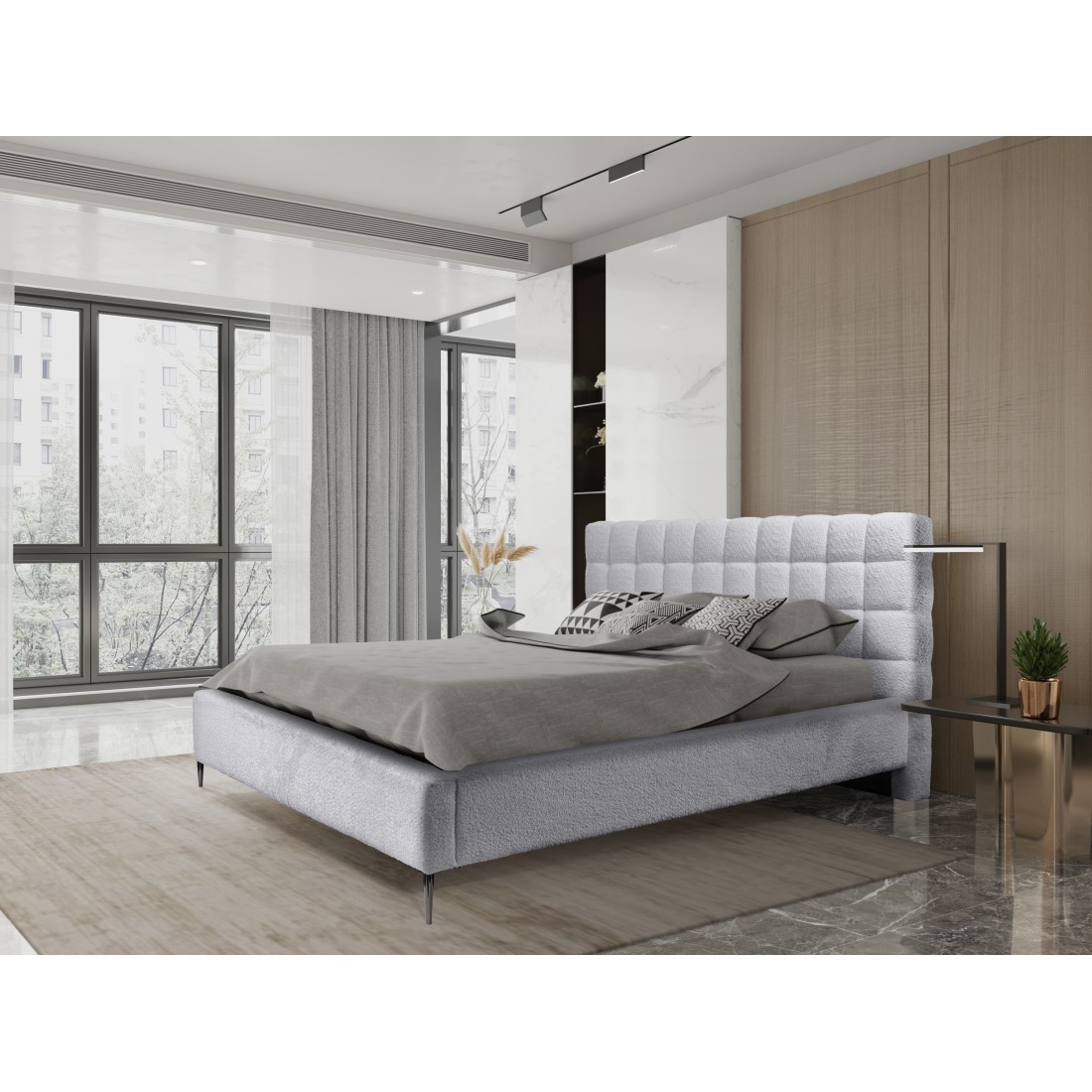 Lit MILLIO – Blanc – 180x200 cm – Tissu chenille bouclé – Sommier inclus – Confort hôtel 5 étoiles
