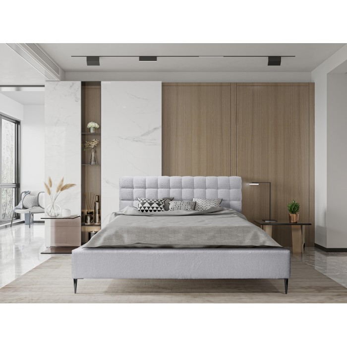 Bett MILLIO – Weiß – 180x200 cm – Bouclé-Chenille-Stoff – Lattenrost inklusive – 5-Sterne-Hotelkomfort