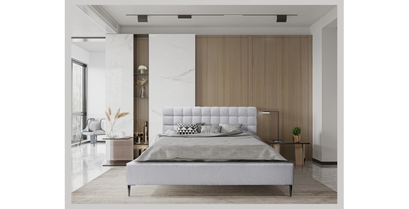 Lit MILLIO – Blanc – 180x200 cm – Tissu chenille bouclé – Sommier inclus – Confort hôtel 5 étoiles
