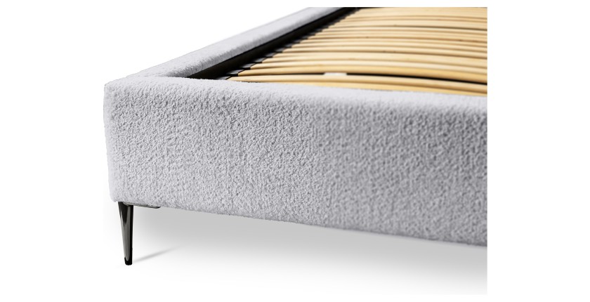 Lit MILLIO – Blanc – 140x200 cm – Tissu chenille bouclé – Sommier inclus – Confort hôtel 5 étoiles