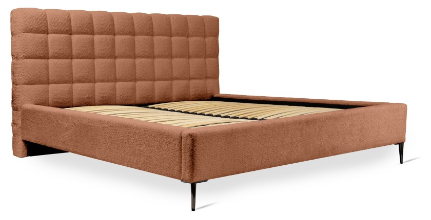 Lit MILLIO – Terracotta – 180x200 cm – Tissu chenille bouclé – Sommier inclus – Confort hôtel 5 étoiles