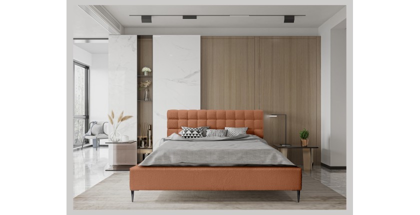 Lit MILLIO – Terracotta – 160x200 cm – Tissu chenille bouclé – Sommier inclus – Confort hôtel 5 étoiles