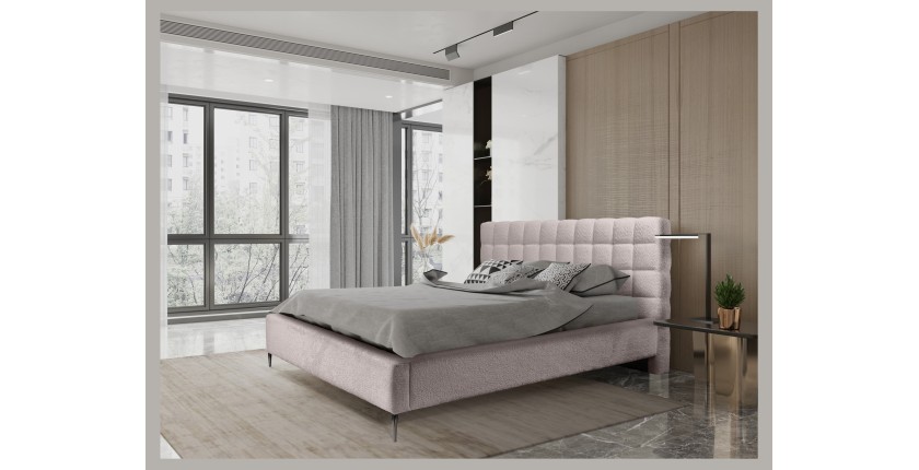 Lit MILLIO – Taupe – 140x200 cm – Tissu chenille bouclé – Sommier inclus – Confort hôtel 5 étoiles