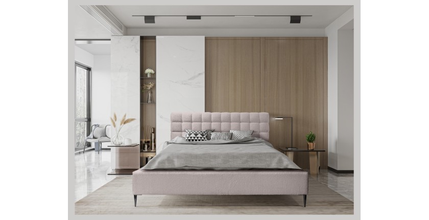 Lit MILLIO – Taupe – 140x200 cm – Tissu chenille bouclé – Sommier inclus – Confort hôtel 5 étoiles