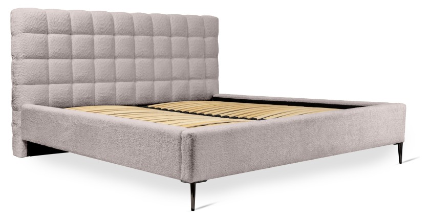 Lit MILLIO – Taupe – 160x200 cm – Tissu chenille bouclé – Sommier inclus – Confort hôtel 5 étoiles