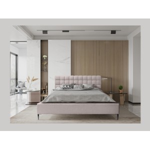 Lit MILLIO – Taupe – 160x200 cm – Tissu chenille bouclé – Sommier inclus – Confort hôtel 5 étoiles