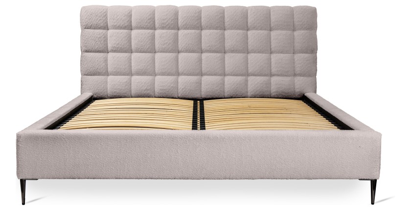 Lit MILLIO – Taupe – 140x200 cm – Tissu chenille bouclé – Sommier inclus – Confort hôtel 5 étoiles