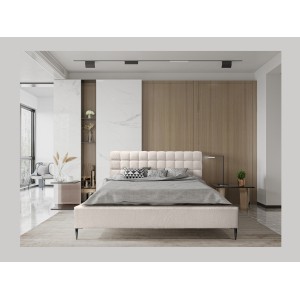 Lit MILLIO – Crème – 180x200 cm – Tissu chenille bouclé – Sommier inclus – Confort hôtel 5 étoiles
