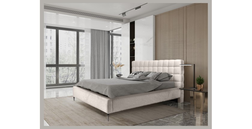 Lit MILLIO – Crème – 180x200 cm – Tissu chenille bouclé – Sommier inclus – Confort hôtel 5 étoiles