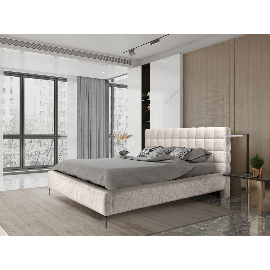 Lit MILLIO – Crème – 180x200 cm – Tissu chenille bouclé – Sommier inclus – Confort hôtel 5 étoiles