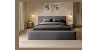 Lit coffre DENALI – Gris cendré bouclé – 160x200 cm – Tissu velours doux – Sommier relevable – Rangement intégré