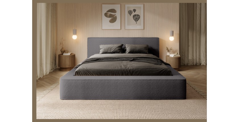 Lit coffre DENALI – Gris cendré bouclé – 160x200 cm – Tissu velours doux – Sommier relevable – Rangement intégré
