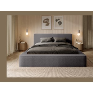 Lit coffre DENALI – Gris cendré bouclé – 160x200 cm – Tissu velours doux – Sommier relevable – Rangement intégré