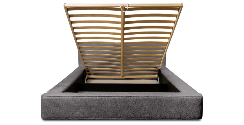 Lit coffre DENALI – Gris cendré bouclé – 160x200 cm – Tissu velours doux – Sommier relevable – Rangement intégré