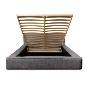 Lit coffre DENALI – Gris cendré bouclé – 160x200 cm – Tissu velours doux – Sommier relevable – Rangement intégré