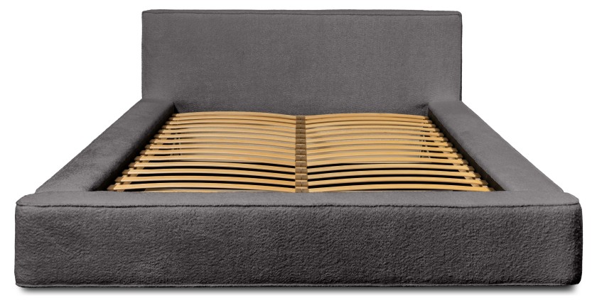 Lit coffre DENALI – Gris cendré bouclé – 160x200 cm – Tissu velours doux – Sommier relevable – Rangement intégré