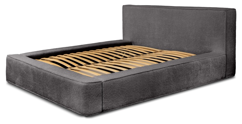 Lit coffre DENALI – Gris cendré bouclé – 160x200 cm – Tissu velours doux – Sommier relevable – Rangement intégré