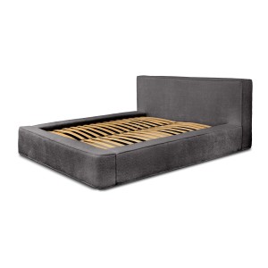 Lit coffre DENALI – Gris cendré bouclé – 160x200 cm – Tissu velours doux – Sommier relevable – Rangement intégré