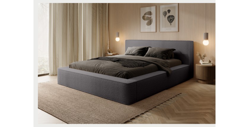 Lit coffre DENALI – Gris cendré bouclé – 160x200 cm – Tissu velours doux – Sommier relevable – Rangement intégré
