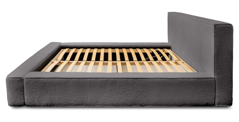 Lit coffre DENALI – Gris cendré bouclé – 140x200 cm – Tissu velours doux – Sommier relevable – Rangement intégré
