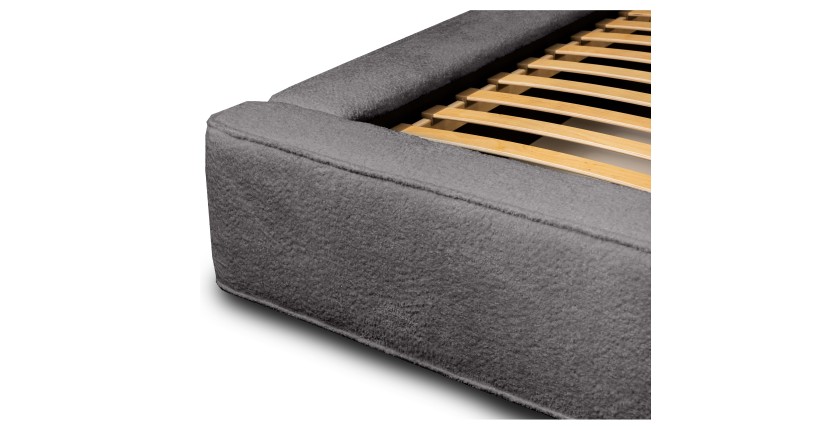 Lit coffre DENALI – Gris cendré bouclé – 140x200 cm – Tissu velours doux – Sommier relevable – Rangement intégré