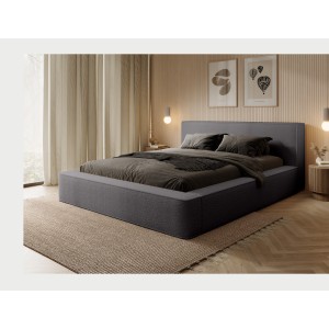 Lit coffre DENALI – Gris cendré bouclé – 140x200 cm – Tissu velours doux – Sommier relevable – Rangement intégré