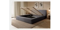 Lit coffre DENALI – Gris cendré bouclé – 140x200 cm – Tissu velours doux – Sommier relevable – Rangement intégré