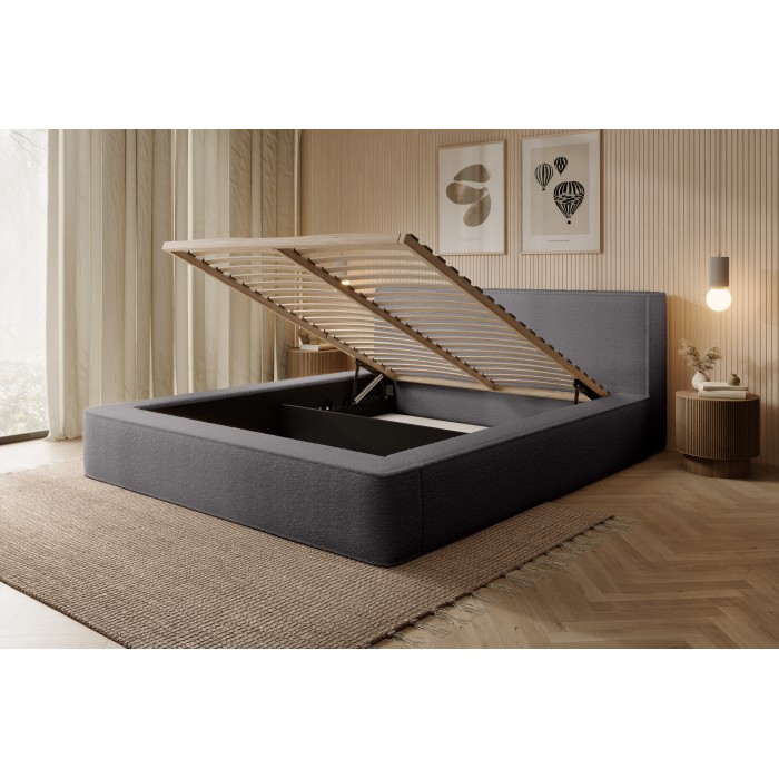 Lit coffre VELORA – Gris ceniza rizado – 140x200 cm – Tela terciopelo suave – Somier elevable – Almacenamiento integrado