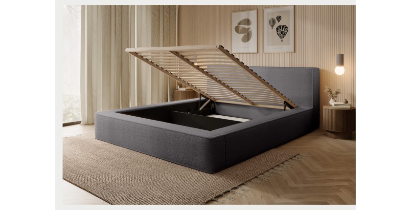 Lit coffre DENALI – Gris cendré bouclé – 140x200 cm – Tissu velours doux – Sommier relevable – Rangement intégré