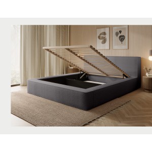 Lit coffre DENALI – Gris cendré bouclé – 140x200 cm – Tissu velours doux – Sommier relevable – Rangement intégré