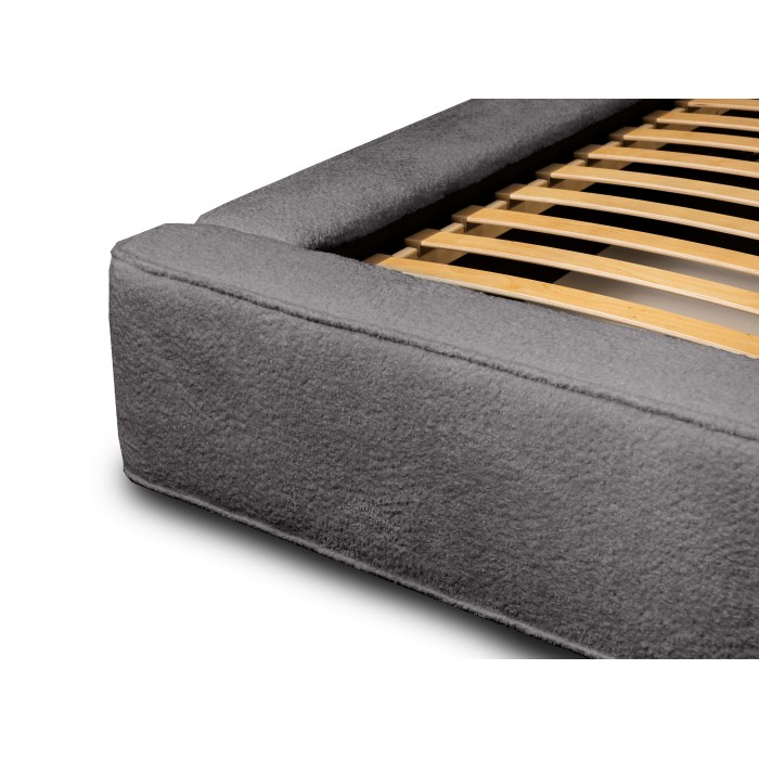 Bed met opbergruimte VELORA – Asgrijs gekruld – 180x200 cm – Zacht fluwelen stof – Opklapbare lattenbodem – Geïntegreerde opberg
