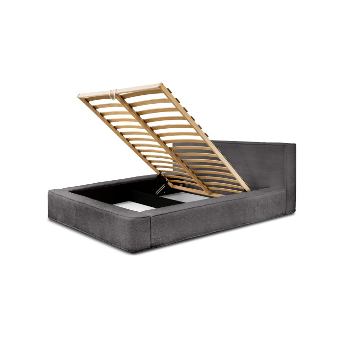 Bed met opbergruimte VELORA – Asgrijs gekruld – 180x200 cm – Zacht fluwelen stof – Opklapbare lattenbodem – Geïntegreerde opberg