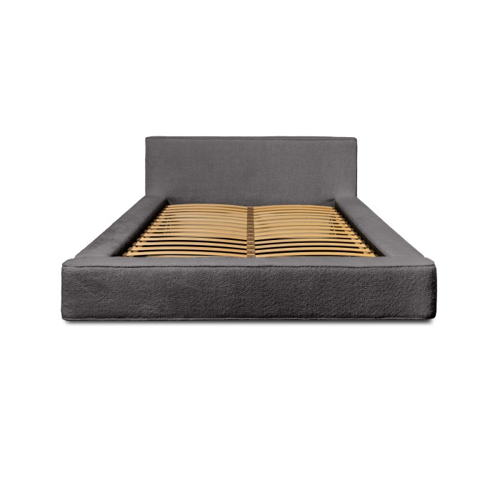 Bed met opbergruimte VELORA – Asgrijs gekruld – 180x200 cm – Zacht fluwelen stof – Opklapbare lattenbodem – Geïntegreerde opberg