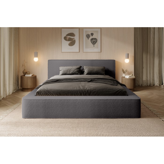 Bed met opbergruimte VELORA – Asgrijs gekruld – 180x200 cm – Zacht fluwelen stof – Opklapbare lattenbodem – Geïntegreerde opberg