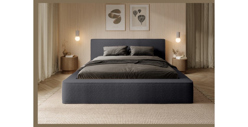 Lit coffre DENALI – Anthracite profond bouclé – 160x200 cm – Tissu velours doux – Sommier relevable – Rangement intégré